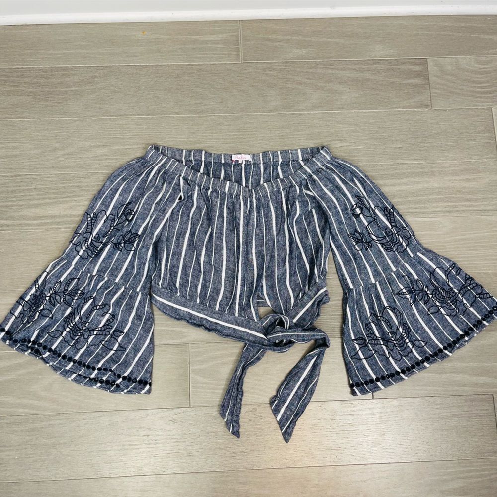 Parker Georgina Blue White Stripe Off-Shoulder Peasant Top S Revolve Cropped - Picture 10 of 11